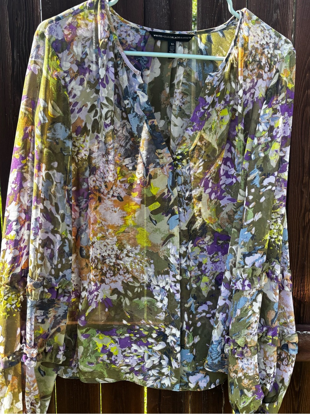2 pieces White House Black Market Floral Sheer Blouse in Purple, Olive & Cream